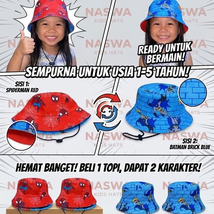 NASWA Topi Bucket Anak Karakter Spiderman Red & Batman Brick Blue Hemat Beli 1 Dapat 2 Karakter Usia