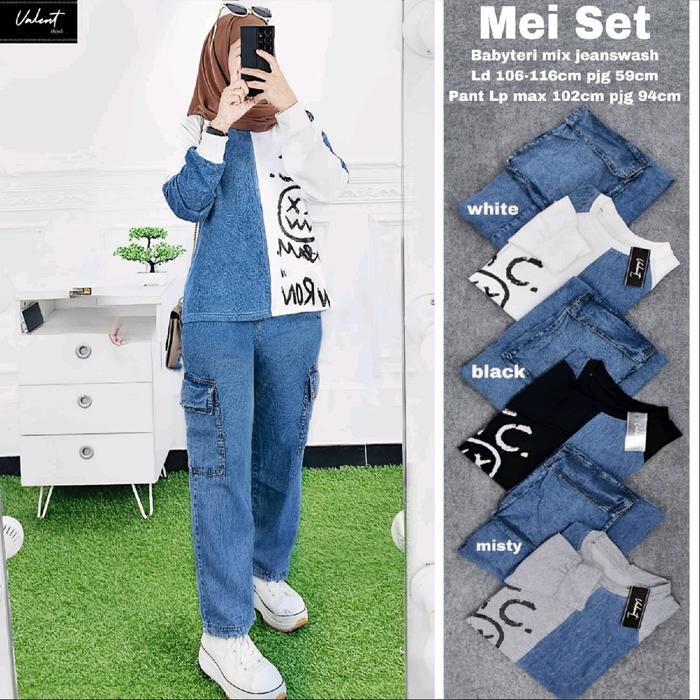 mei set best seller bahan jeans wash ld 116-126 panjang 64 lp 100 panjang bawahan 91 merk valent