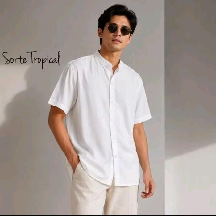 Hem Kemeja Hawai Tropical Casual Pria Wanita Polos Putih Kerah Shanghai / Koko Rayon Lembut Baju San