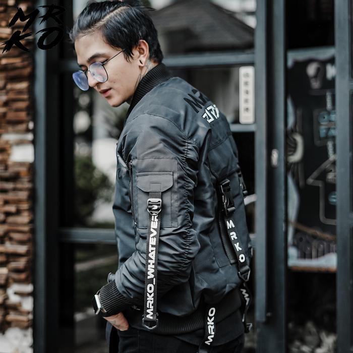 MRKO - Jaket Bomber Kode 098 - Unisex Pria Wanita - Jaket - Bahan Taslan Motif Simple Black on Black