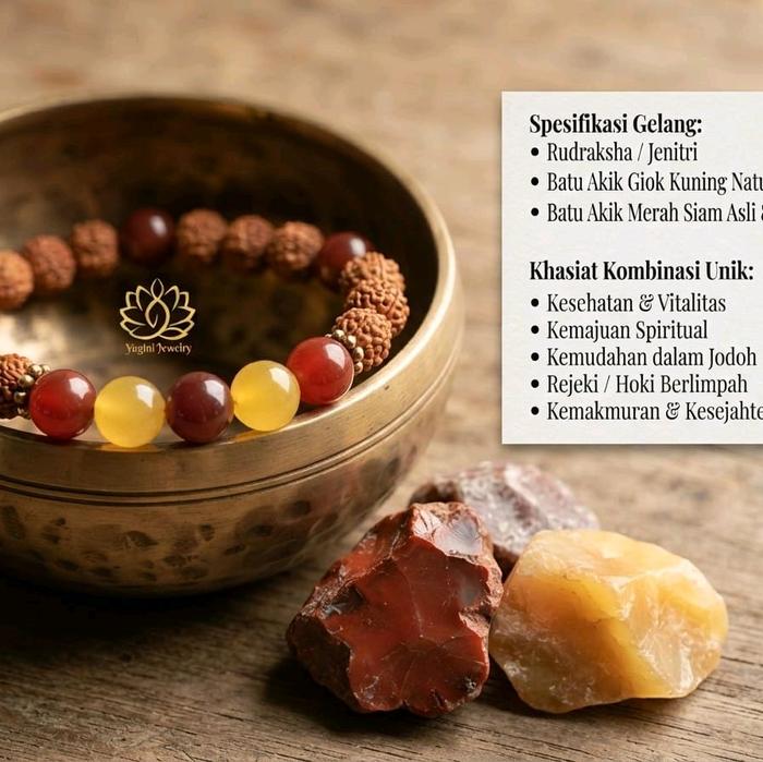 Yogini Jewelry Gelang Rudraksha, Batu Akik Giok Kuning & Batu Akik Merah Siam Asli