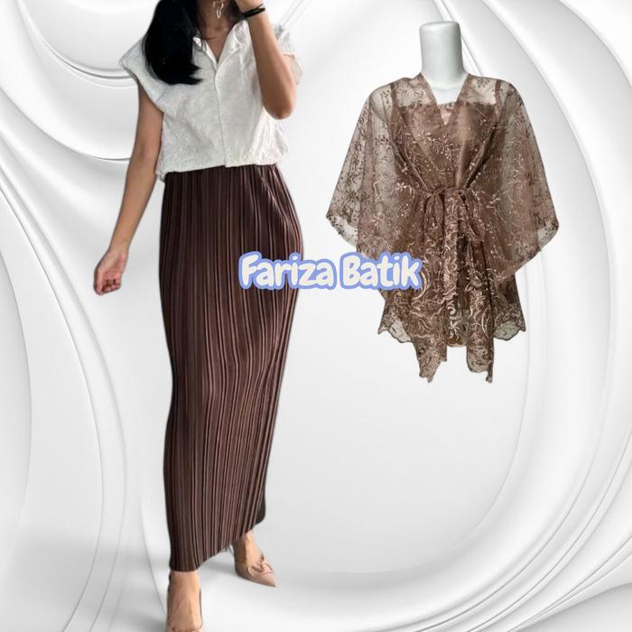 Cod set kebaya outer pita kebaya cantik dan rok plisket polos satin silk premium bahan mewah pakaian