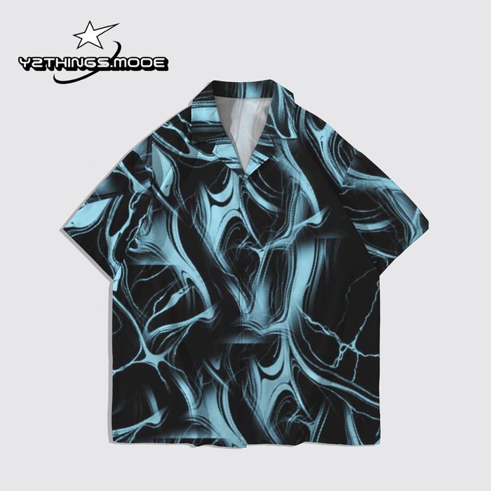 Y2THINGS Kemeja Lengan Pendek Motif Abstrak Wavy Biru Hitam – Shirt Aesthetic Psychedelic Kekinian U