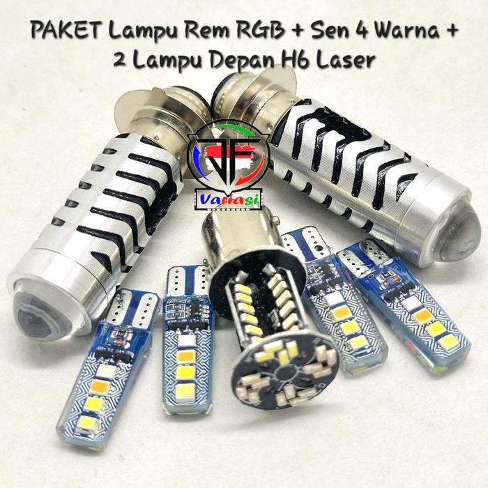 Paket Komplit Lampu Motor ( DOUBLE H6 LASER ) + Lampu Rem 64 Mata RGB + Sen 4 Warna Depan Belakang U