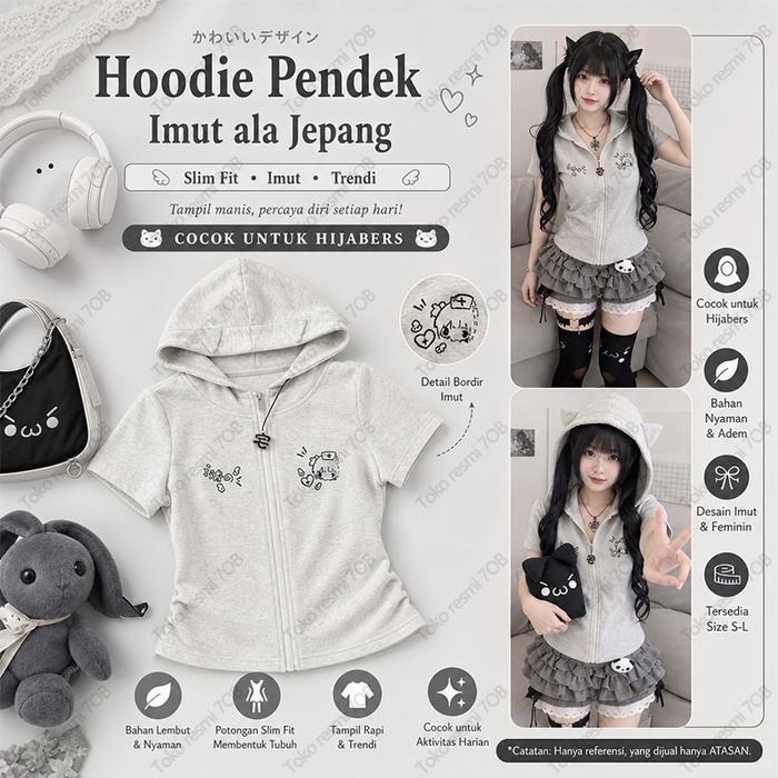 Wanita Lengan Pendek Berhoodie Motif Lucu, Gaya Jepang, Slim Fit, Cocok untuk Sehari-hari