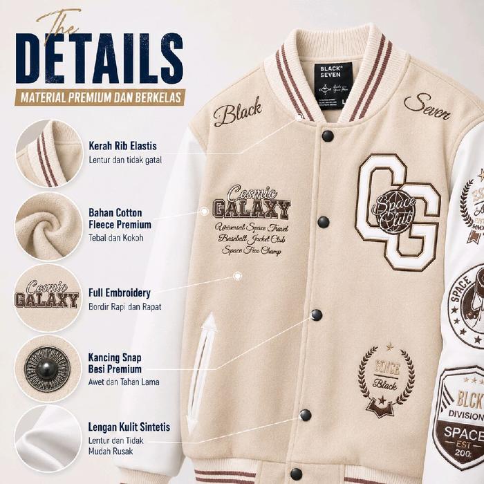 Varsity Jacket Cosmic Galaxy Cream White Blackseven | Original Jaket Full Bordir Pria wanita Fleece 