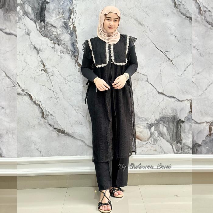 one Set cardigan + Celana 2in1 - Setelan Wanita Terbaru-set brokat-set kondangan Atasan Muslim Panja