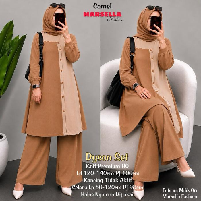 Marsella Fashion Setelan Wanita Dyson Set Knit Lengan Panjang | Long Tunik Mix Celana