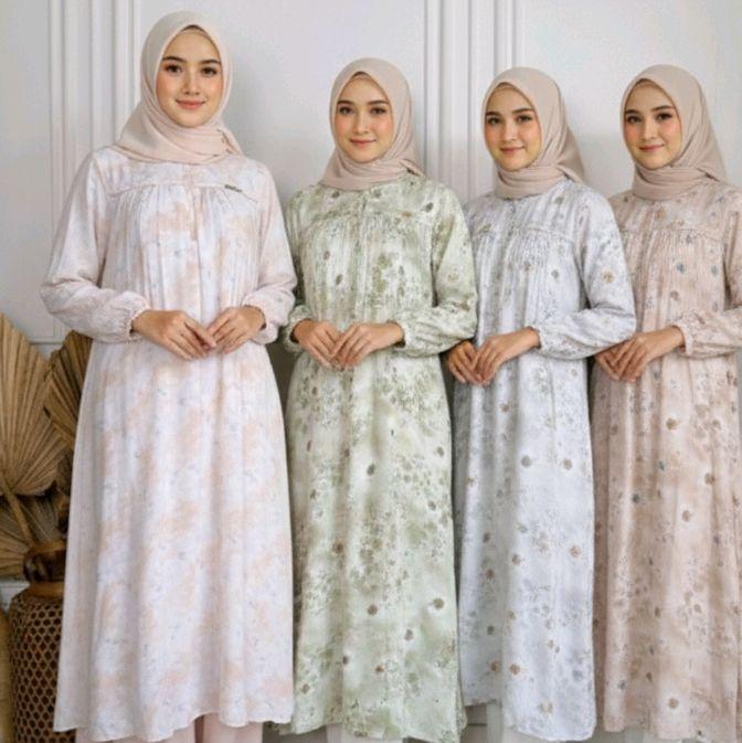 Gamis Midi Dress puring Darby DNL Rexury Premium Bahan Adem Nyaman Motif Bunga Rayon Printing Full P