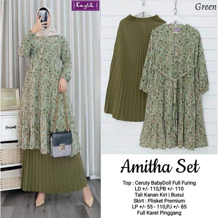 Setrok Amitha Set Midi Dres Dan Rok Plisket TERBARU
