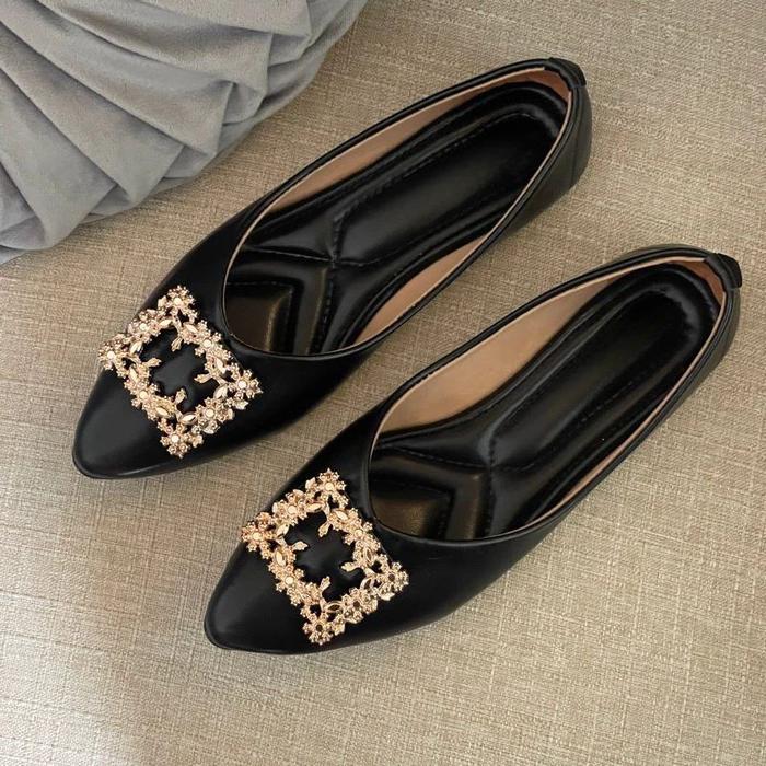 Nuzukaye Sepatu Flat Shoes Kantor Wanita Bahan Kulit Sintetis Sol Karet Ornamen Pita Cantik Warna Mo