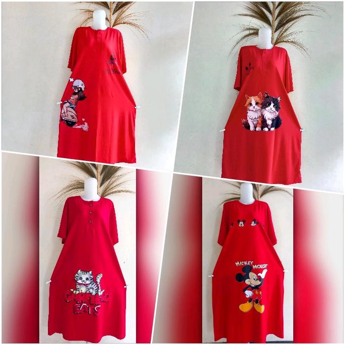 DASTER KAOS KATUN COMBED WARNA MERAH BUSUI/NON BUSUI  Wanita Dress Tidur Dewasa daster tebal dan ade