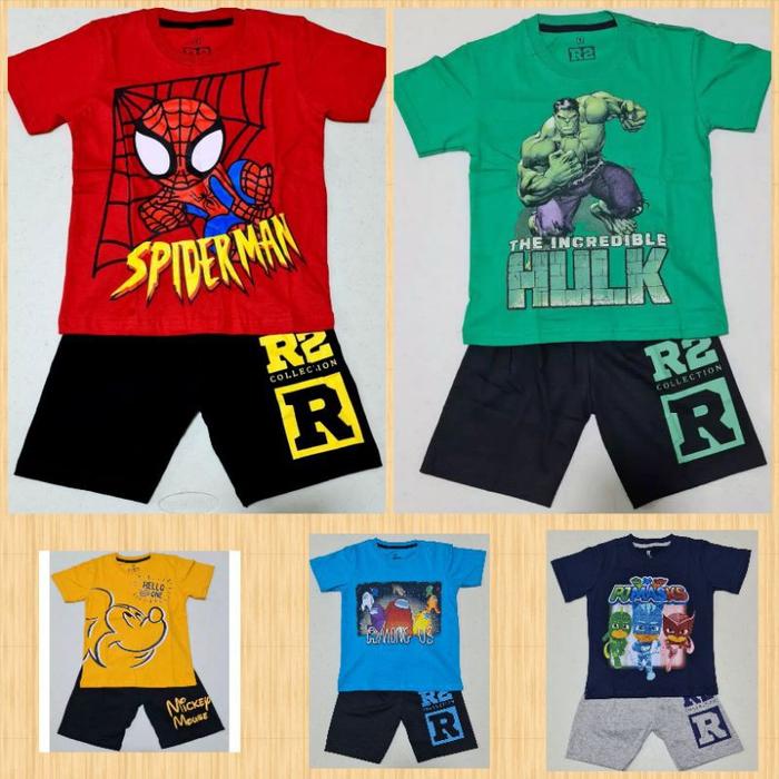 SETELAN MICKEY HELLO KUNYIT & HULK HIJAU & SPIDERMAN MERAH R2 &PJ MASK & AMG US R2 1-10 TAHUN TERMUR