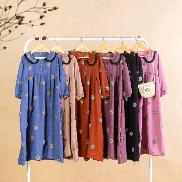3-11th gamis anak pom pom bahan crinkle bordir pompom premium