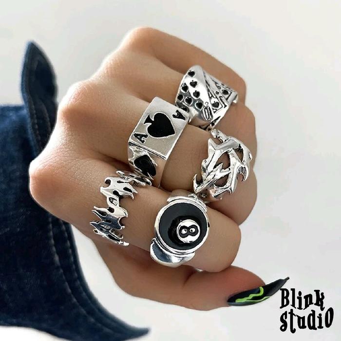 Domingo - ring cincin titanium alloy silver desain poker billiard 8 ball pool untuk pria wanita kore