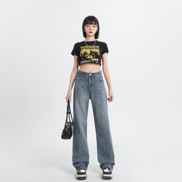 Maison Obscura Celana Jeans Kulot Wanita High Waist Korean Style Vintage Boyfriend Baggy Biru Wash K