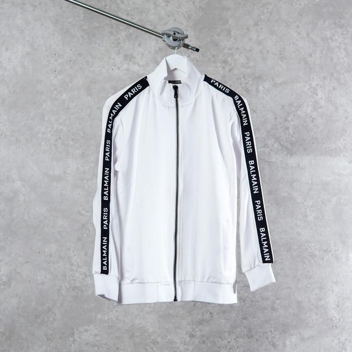 Jaket BALMAIN SMALL BAND TAPE TEXT SHOULDER BLACK WHITE ZIP TRACK JACKET 100% ORIGINAL