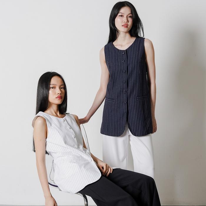 Terlaris This Is April Atasan Vest Striped Wanita Outerwear Office Look Tanpa Lengan Meghan Top Whit