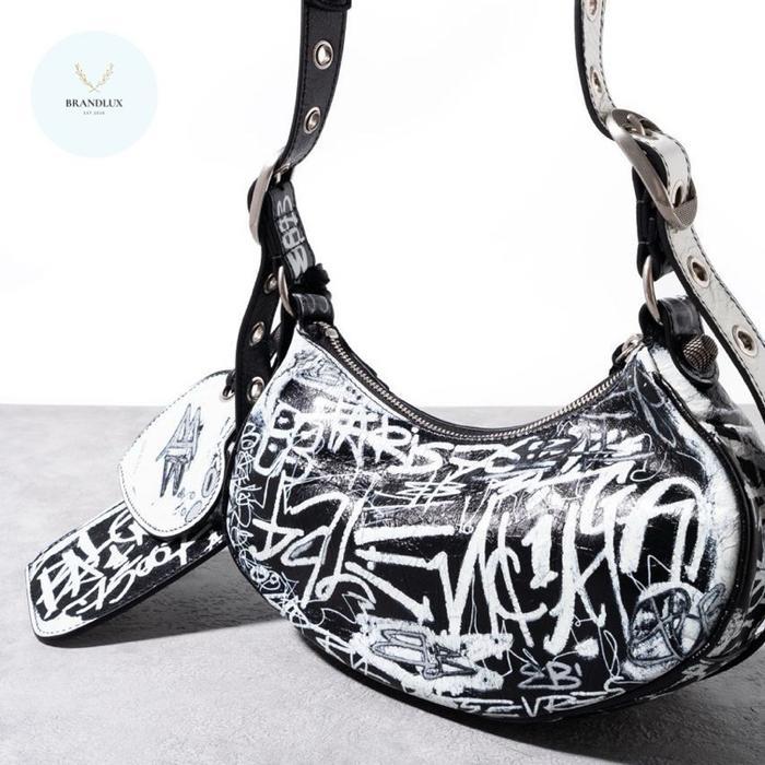 BALENCIAGA LE CAGOLE XS GRAFFITI SHOULDER BAG  BLACK WHITE