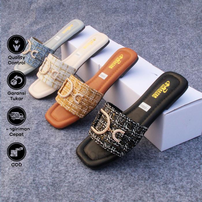 Sultan Shoes  | Sandal Wanita Pesta Kasual Kekinian Flat Teplek Slop Kokop Canvas Kobe Strap Dasi Ta