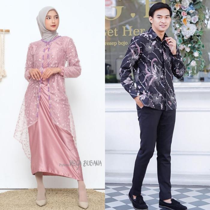 Couple Dress Nia Rompi Gamis Set 2 in 1 Gamis Pasangan Kemeja Batik Dress Serut Velvet Kombinasi Out