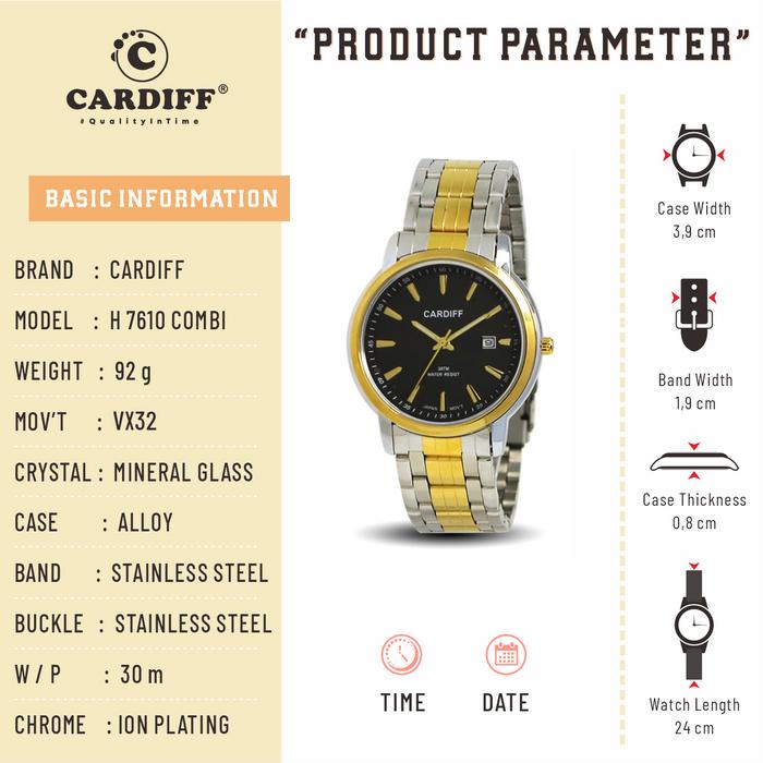 CARDIFF Jam Tangan Analog 7610 Waterresistant dengan Bahan Stainless Steel dan Ion Plating Tahan Air