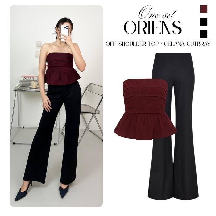 Oriens One Set Korea Style Ootd ( Atasan Sabrina Top Ruffle Maroon+ Celana Cutbray Scuba Hitam  ) Se