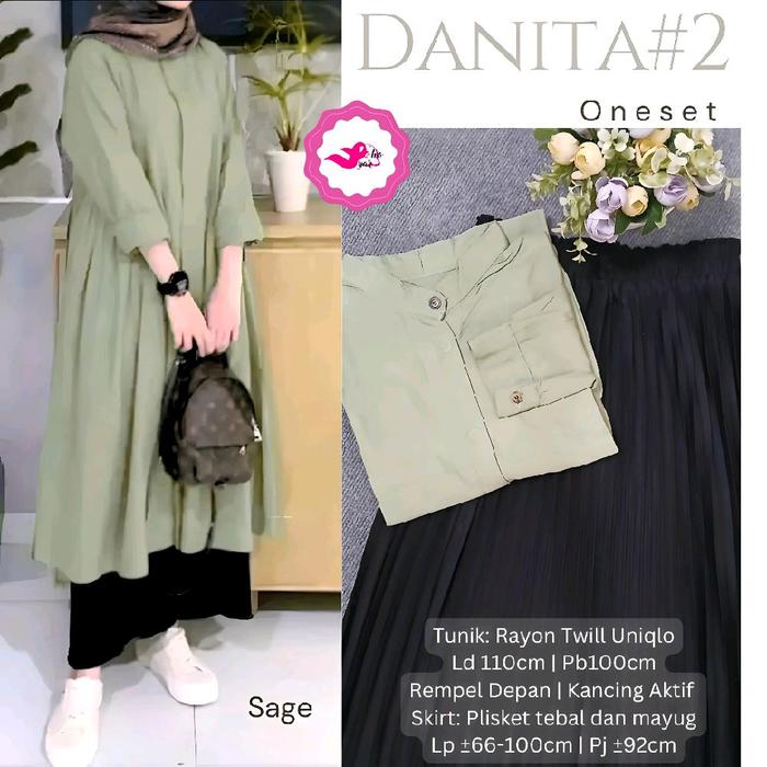 Danita #2 One Set Sage Setelan Tunik Skirt LD 110 Rayon Twill Uniqlo Mix Plisket Tebal Premium Realp