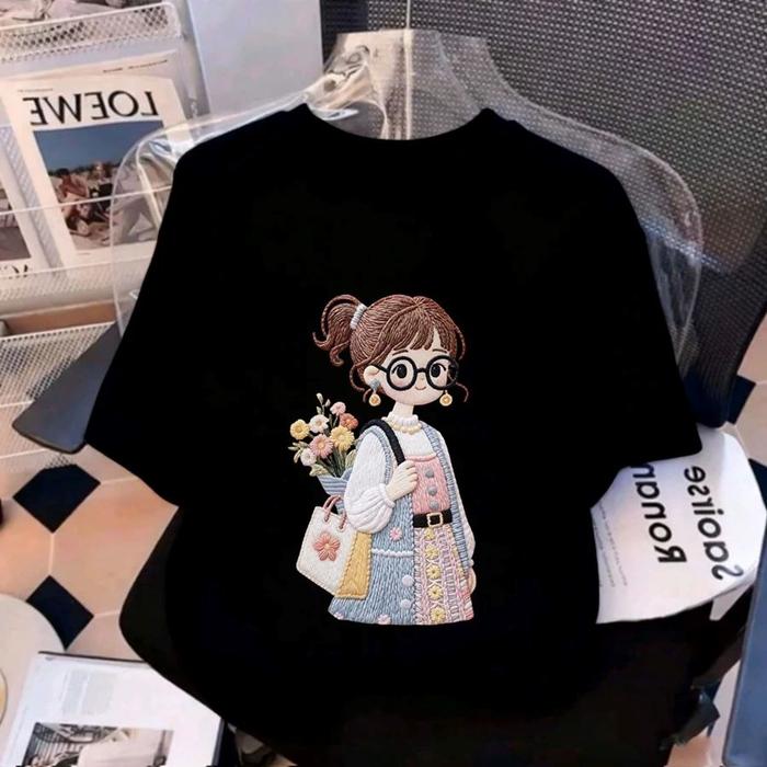 CKF -Kaos Anak Perempuan Bordir Gadis Bunga Pola tercetak | Kaos Cewek Imut Cantik | Bahan Katun Ade