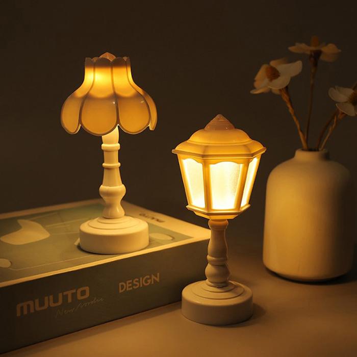 Mini Retro Dollhouse Miniatures LED Light Lotus Shape Table Night Lamp for Living Room Bed Side Home