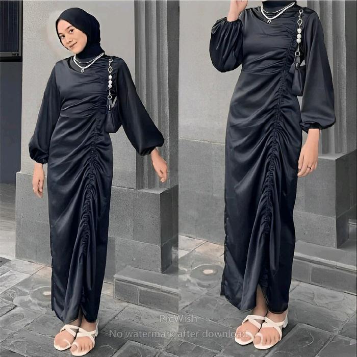 ANDINI Dres satin premium valvet/dres satin kerut panjang Muslim Nyaman Silk Cantik Samping Gaun Max