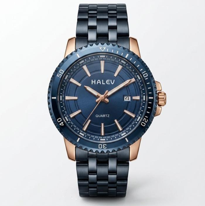 Halei jam tangan pria 8034 navy blue pinggiran gold