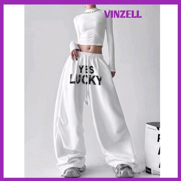Celana Panjang Wanita VINZELL Yes Lucky Sweatpants Oversized Kulot Highwaist Loose Pants Cargo Style