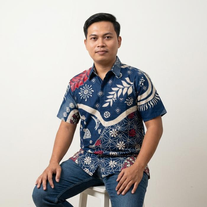 Kemeja batik pria lengan pendek Qistina batik bahan katun lapisan furing asahi warna biru merah