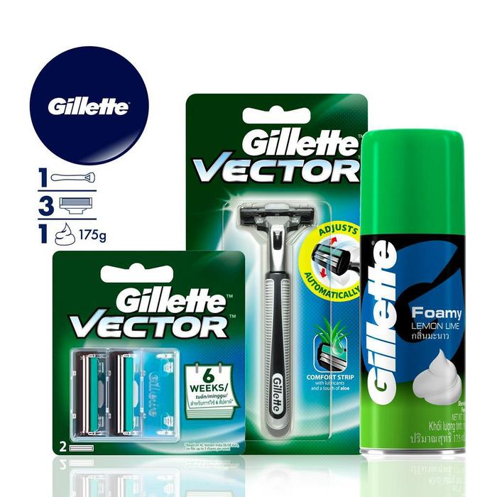 Gillette Paket Lengkap Cukuran Alat Cukur Vector Razor + Pisau Cukur Isi Ulang 2 pcs + Foamy 175 gr