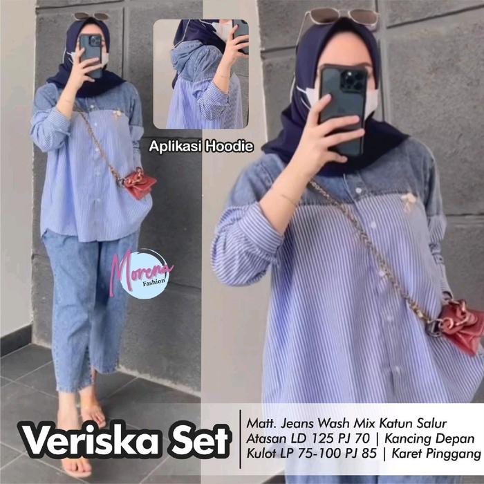 Veriska set wanita setelan blouse hodie jeans mix katun salur jumbo LD 125 XXL celana kulot karet pi