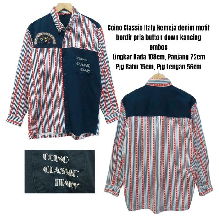 Ccino Classic Italy kemeja denim motif bordir pria button down kancing embos