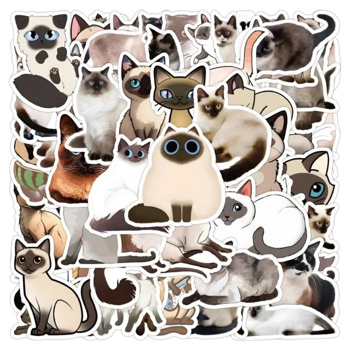 50pcs Cute Cartoon Siamese Cat Stickers Waterproof Siamese Kitten Scrapbook Journal Decorative Stick