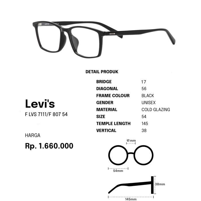 Frame Kacamata Kotak Pria Original Levis 7111 F - 807 Hitam Glossy