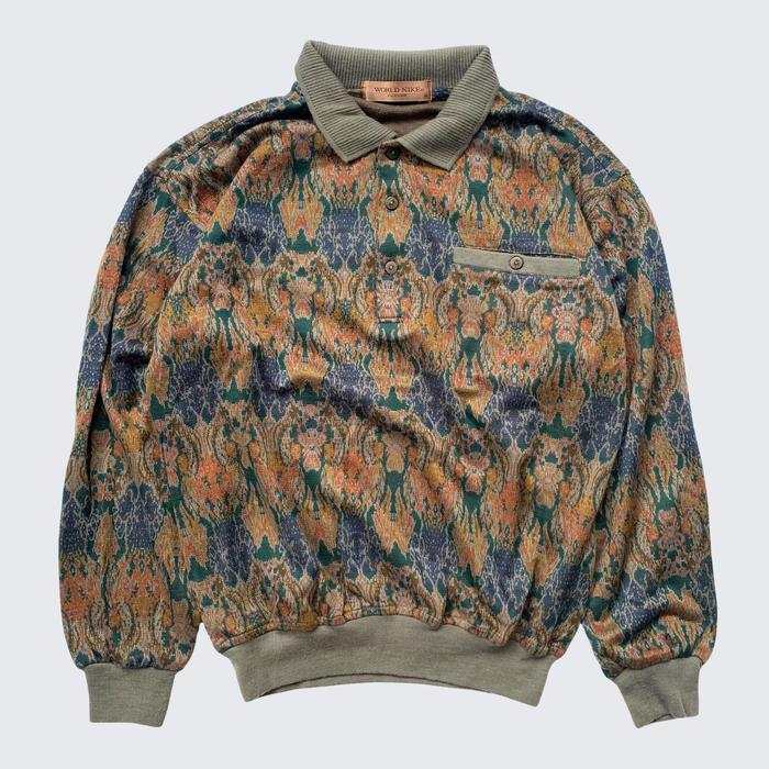 Futuristic Brown Blue Traditional Pattern World Nike Half Button Comfy Knit Polo Sweater - Unisex - 