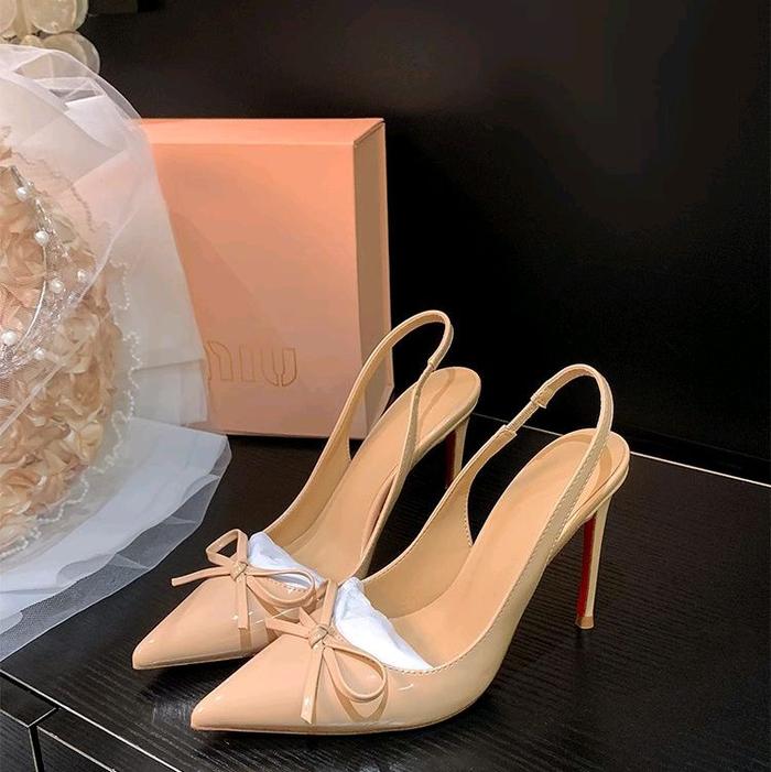 DC05-High Heels Sandal Wanita Heels Mules Pita hak 9cm Bahan Kulit Sintetis Glossy Sol Karet Nonslip