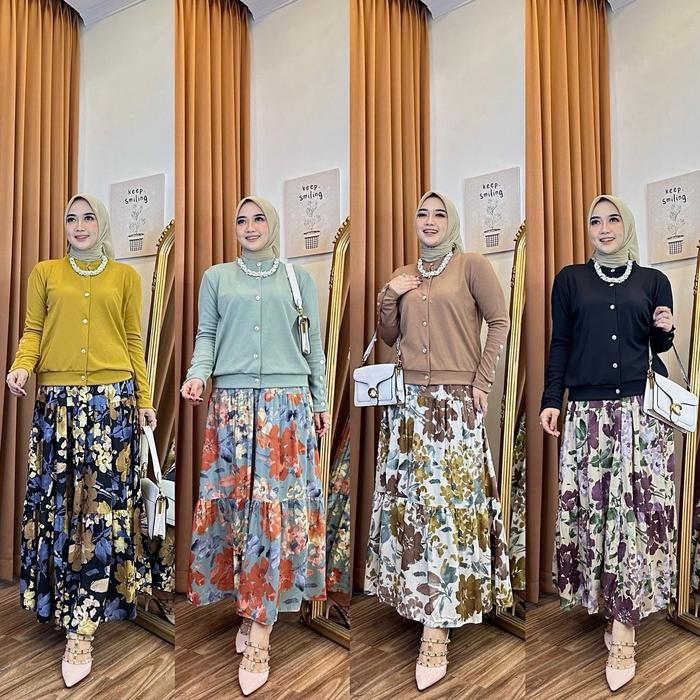 BANGKOK VENYA ONE SET SETELAN ROK BUNGA PLISKET & KEMEJA BLOUSE TAG LABEL KNIT MIX COTTON
