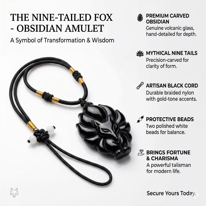 Kalung Black Obsidian Asli Rubah Ekor 9 - Amulet Kitsune Crystal Healing Proteksi Aura Premium Pria 