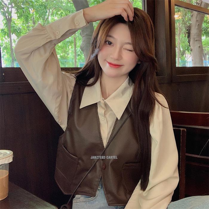 JNK x YEONA - Rompi Vest Wanita Coklat Semi Kulit Sintetis Viena Leather Jacket Outer Outfit Hijab K