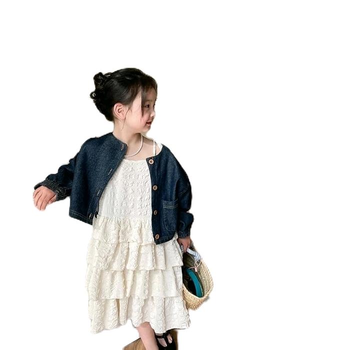 Baju Set Anak Cewek Cream/Baju Ancore Lala Rompi Jeans/ Baju Undak Undak - Broken white
