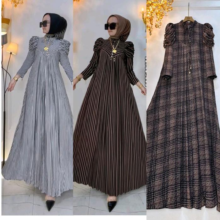 SHR Maxi Dress Gamis Inces Wolfis Salur Kotak Anti Yuti Dan Strech original SHR