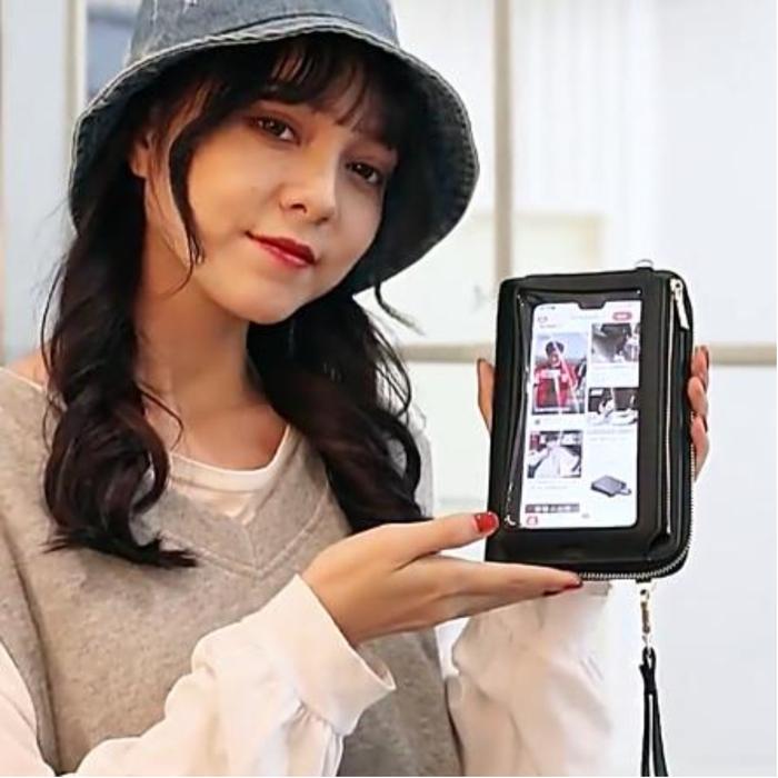 Tas Selempang Wanita Kulit PU Polos Maksimal untuk HP 6.9 inch dengan 2 Ruang Resleting, 6 Slot Kart