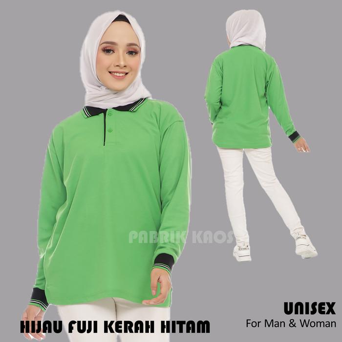 Kaos Polo Kombinasi Seragam Panjang Unisex Hijau Fuji Kerah Hitam / Kaos Kerah / Poloshirt / Polo Sh