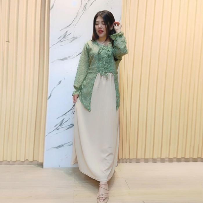 FM - LONGDRESS BRUKAT OUTFIT TERBARU OUTFIT LEBARAN GAMIS BRUKAT DRESS BRUKAT -SET 2IN1 LONGDRESS