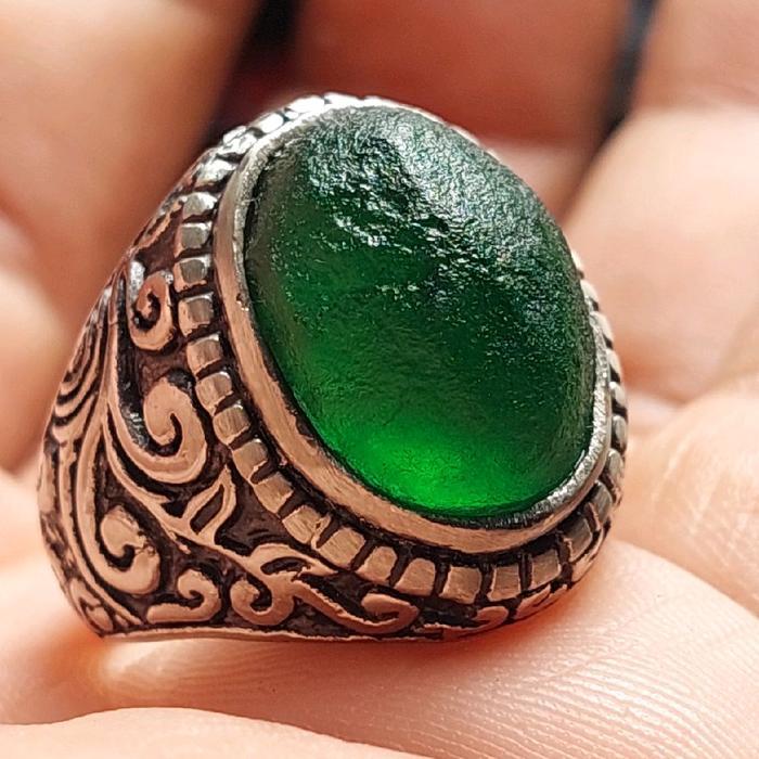 Cincin batu meteor hijau moldavite / satam iron meteorit green textite Ring Liontin  Model Ukir,